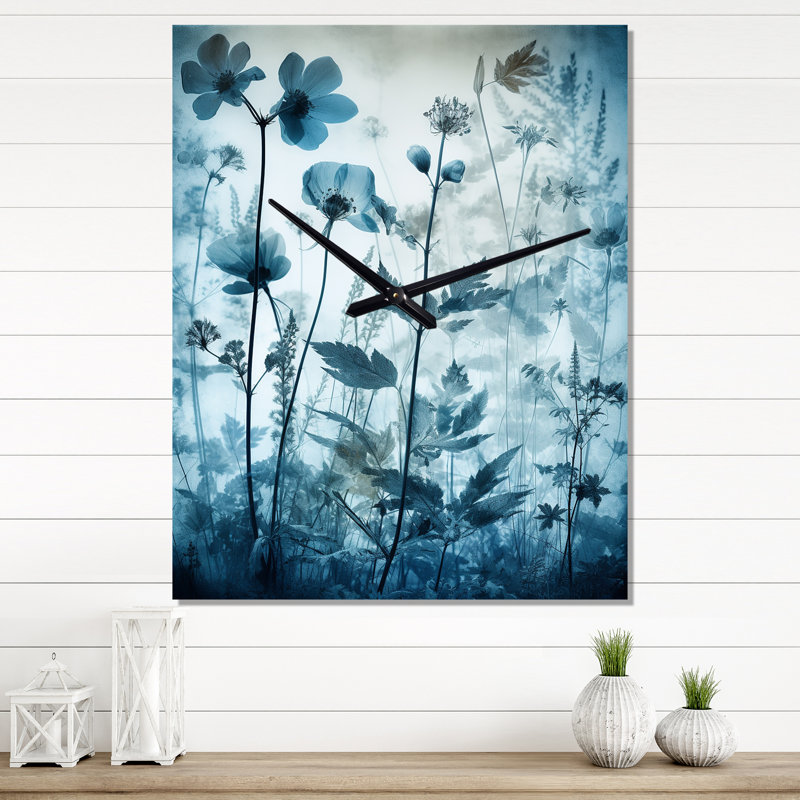 Horloge murale rétro Botanicals rétro en bleu délavé I - Abstract Botanicals, H 28 po x l 12 po x P 1 po