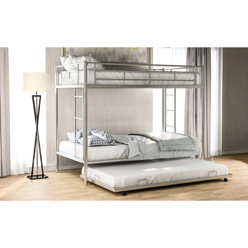 Lit simple superposé au dessus d'un lit gigogne en argent brillant - Lit gigogne confortable et pratique, Argent argent