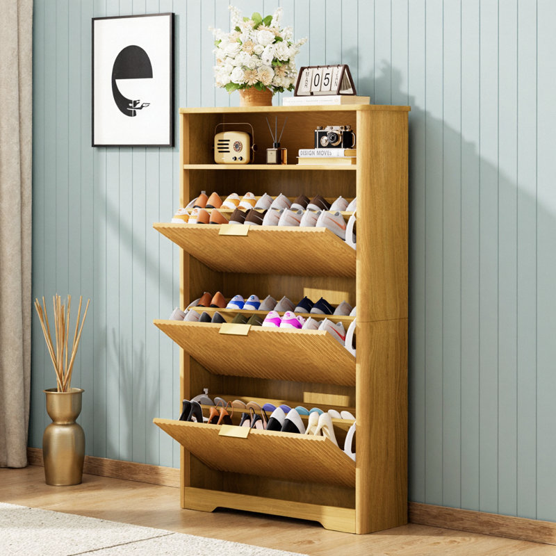 31.6" Narrow Shoe Cabinet with 3 Flip Drawers, 9.6" Ultra-Slim Design, Wave Textured Hidden Storage, Natural Wood with Gold Accents, 54" Tall Tower