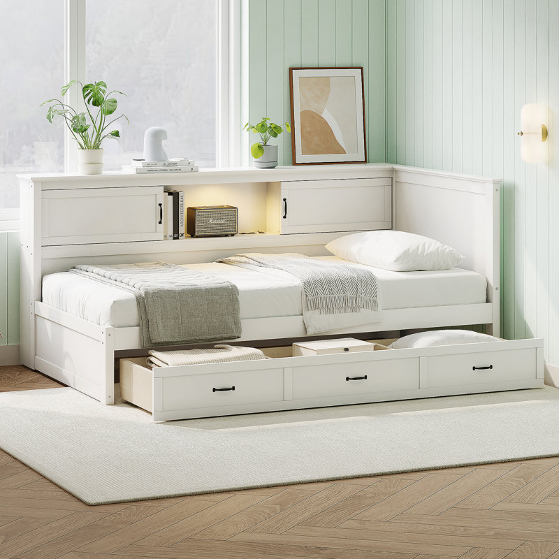 L-Shaped Bed Frame with Drawer and and Bookcase,Corner Bed Wooden Captain Bed, Full/Double