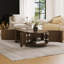 Table basse ovale cannelée avec rangement pour le salon, bois d'hévéa massif, 1 tablette et 2 portes de rangement ouvertes-1630618841