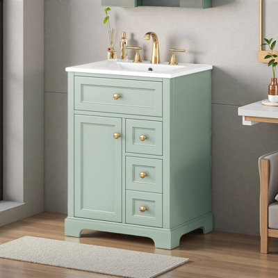 24''Bathroom Vanity With Sink, MDF & Pinewood Construction, 3 Drawers & Cabinet With 2-Tier Door Storage Rack, Soft-Close Door & Drawers