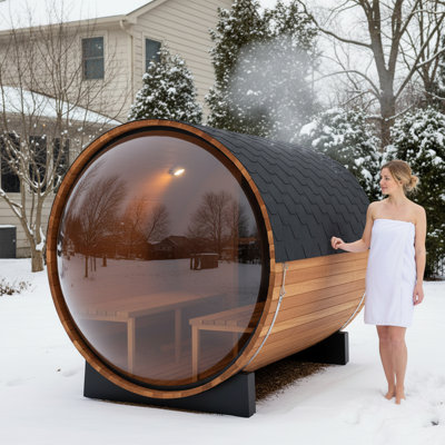 Duthss Panoramic Outdoor Sauna,Canadian Cedar 4-6 Person Wooden Steam Saunas Room with Porch,6KW Electric Stove Backyard Barrel Sauna Kit