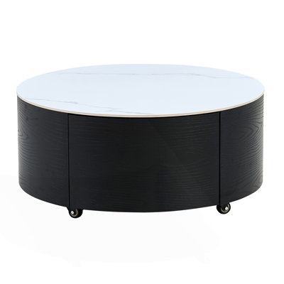 Modern Round Movable Coffee Table With Casters And 2 Drawers