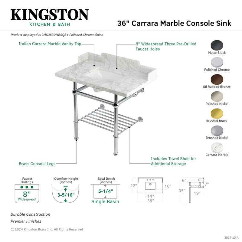 Kingston Brass Pemberton 36-Inch Carrara Marble Console Sink with Brass Legs and Shelf (8-Inch, 3-Hole)