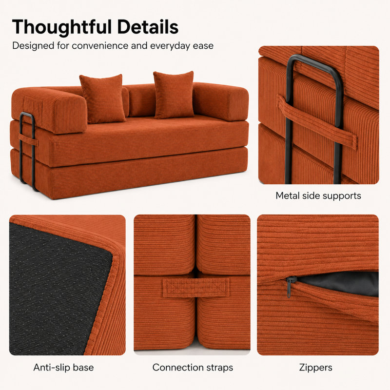 Canapé-lit en velours côtelé de 78,8 po de largeur avec rangement latéral et 2 coussins Morden, Orange