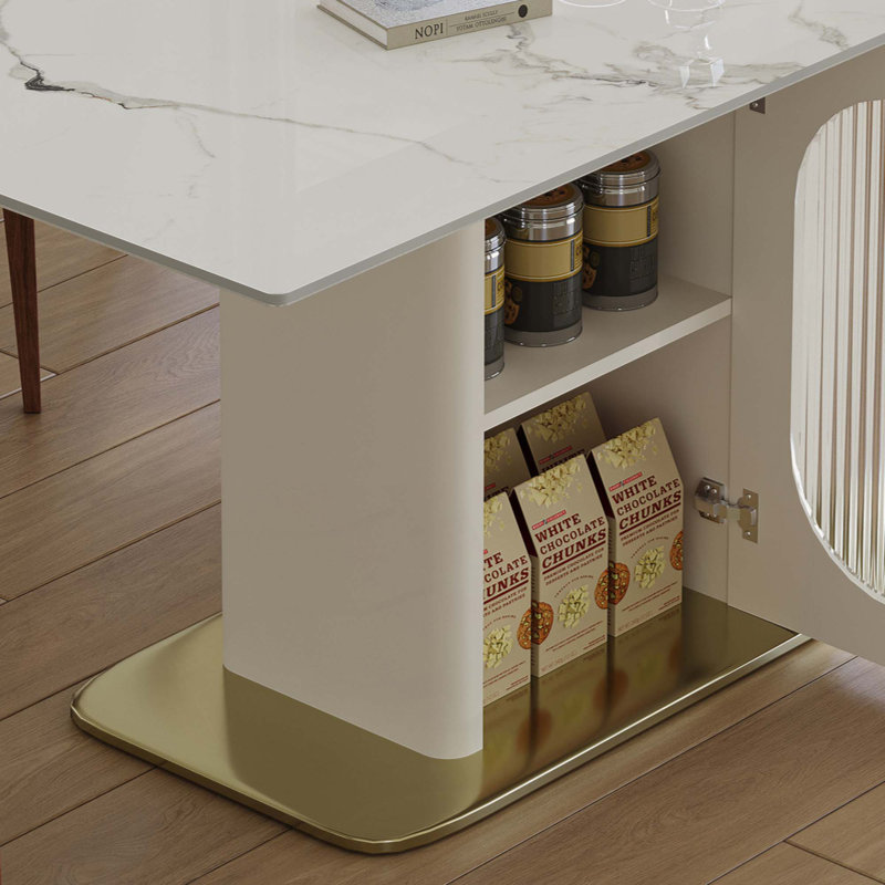 Ensemble de table de salle à manger de 63 po pour 4 à 6 personnes avec rangement, plateau en pierre brûlée et base en bois massif doré, comprenant 6 chaises en polyuréthane blanc pour la cuisine et l’appartement
