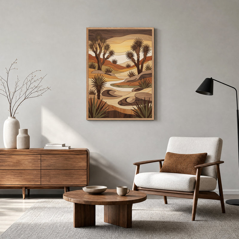 Tableau sur toile représentant un paysage désertique avec des yuccas de Joshua, style marqueterie de bois, 36"H x 24"W