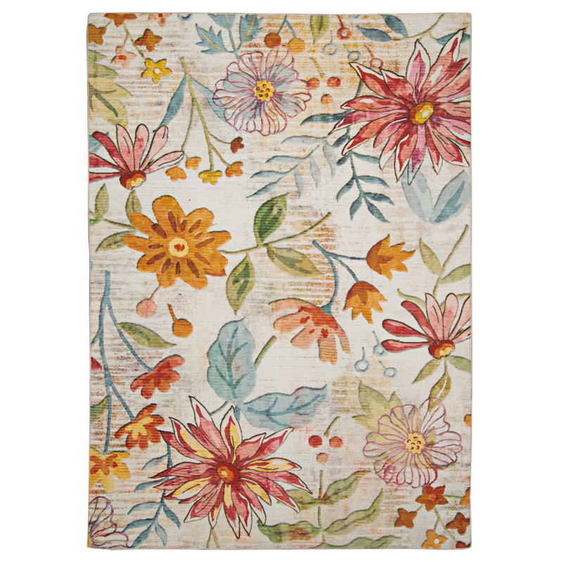 Elling Floral Ivory and Multi Indoor Outdoor Machine Washable Area Rug, Rectangle 5' x 7'