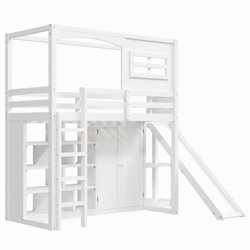Lit mezzanine simple en bois avec garde-robe, tablettes de rangement, glissade et DEL, blanc