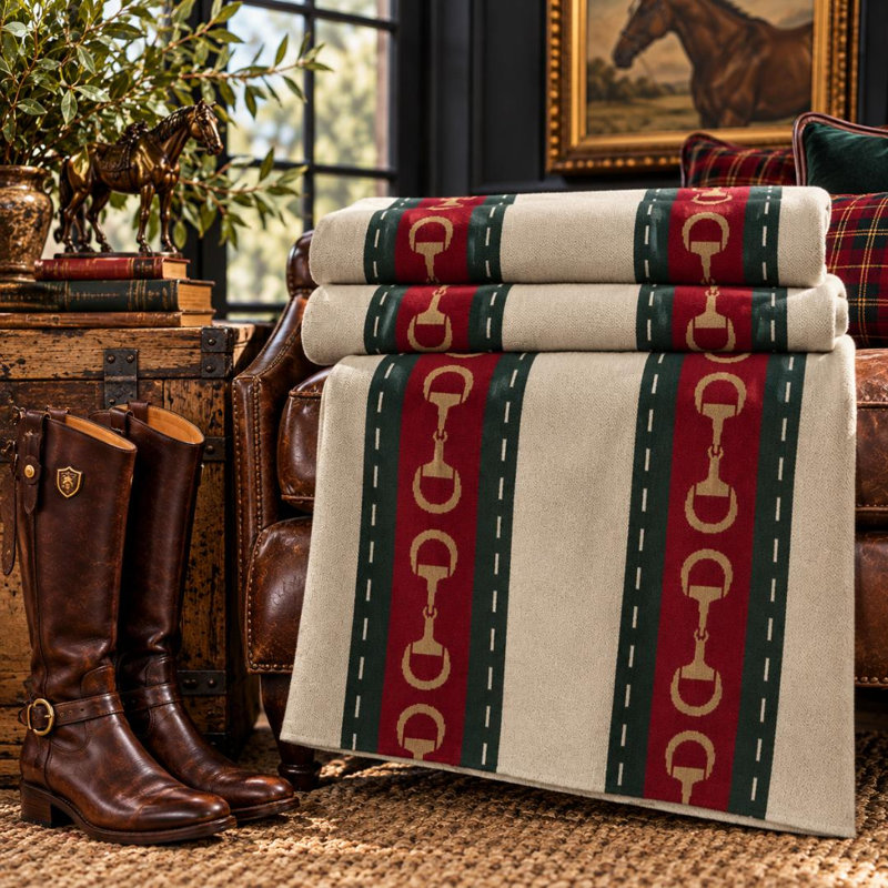 In2Green Equestrian Riding Motife Striped Beige Knit Throw