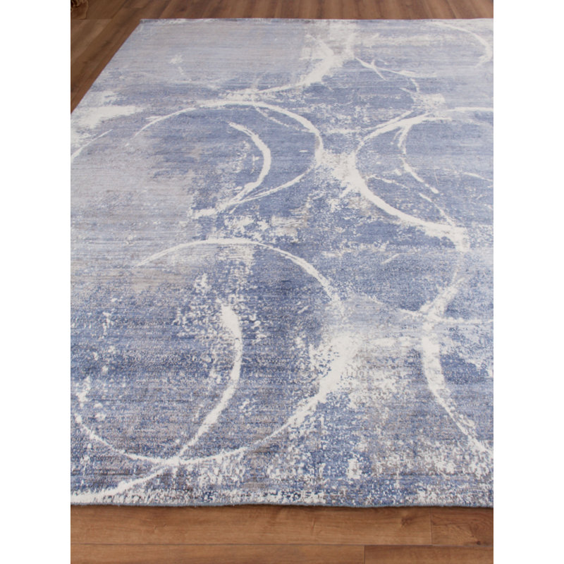 Fine Pure Silk Geometric Hand-Knotted Blue/Gray/Ivory Area Rug, Rectangle 8' x 10'
