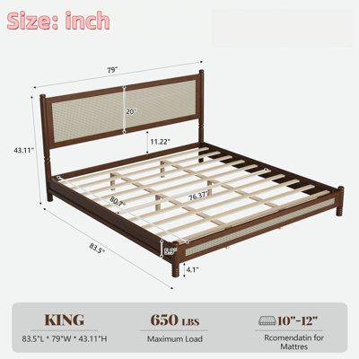 Bohemia Wood Platform Bed with Rattan Headboard  Footboard and Turned Legs