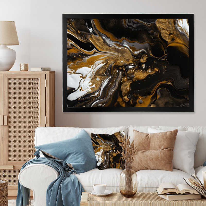 Reproduction sur toile encadrée dorée et marbrée noire Dreamscape III, Cadre simple noir, H 12 po x l 20 po x P 1 po