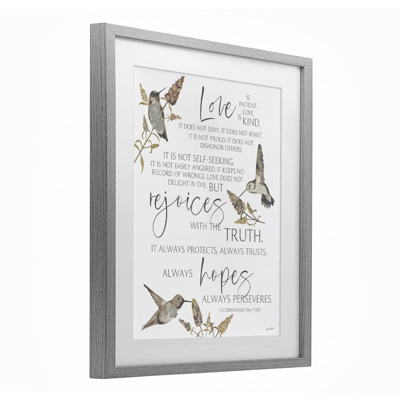 «Love is patient», reproduction sous verre encadrée, conception par Annie Lapoint, Cadre de ferme gris, H 16 po x l 13 po