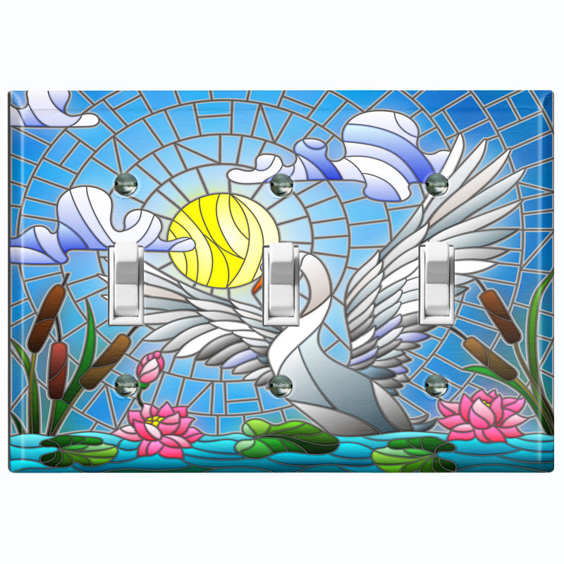 Metal Light Switch Plate Outlet Cover (White Dove Colourful Tile Sun Lake Flowers - Single Toggle)