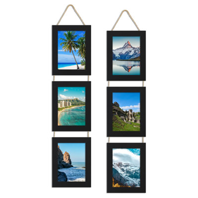 5X7 Collage Picture Frames Set Of 2, Rustic Wooden Real Glass Vertical Hanging 3 Opening 5 By 7 Photo Frame, Black