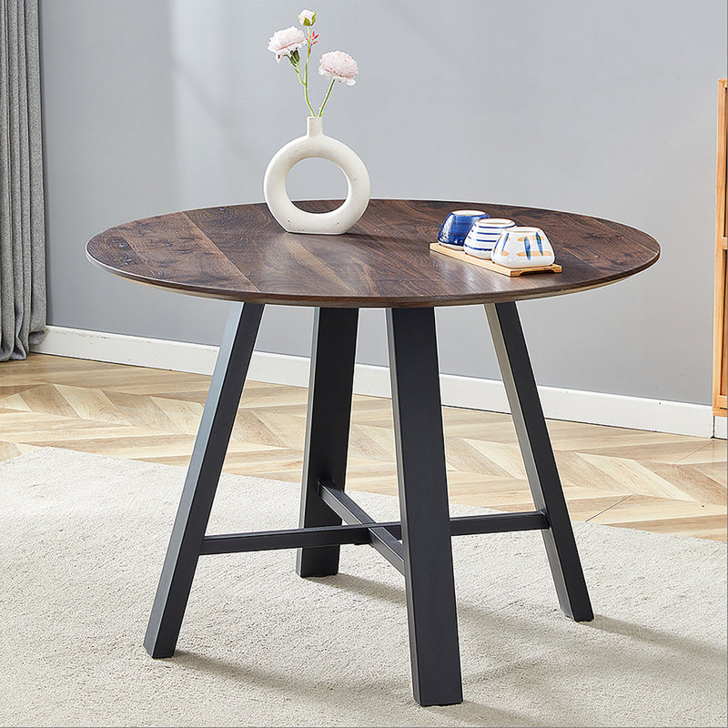Table de salle à manger et table de bout moderne et minimaliste. Plateau en panneau de fibres à densité moyenne de 42 po de diamètre, plateau en grain de bois, pieds de table en métal