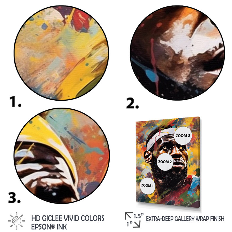 Le Bron Multicolor - art mural sur toile Sports, H 20 po x l 12 po x P 1 po, Cadre flottant doré