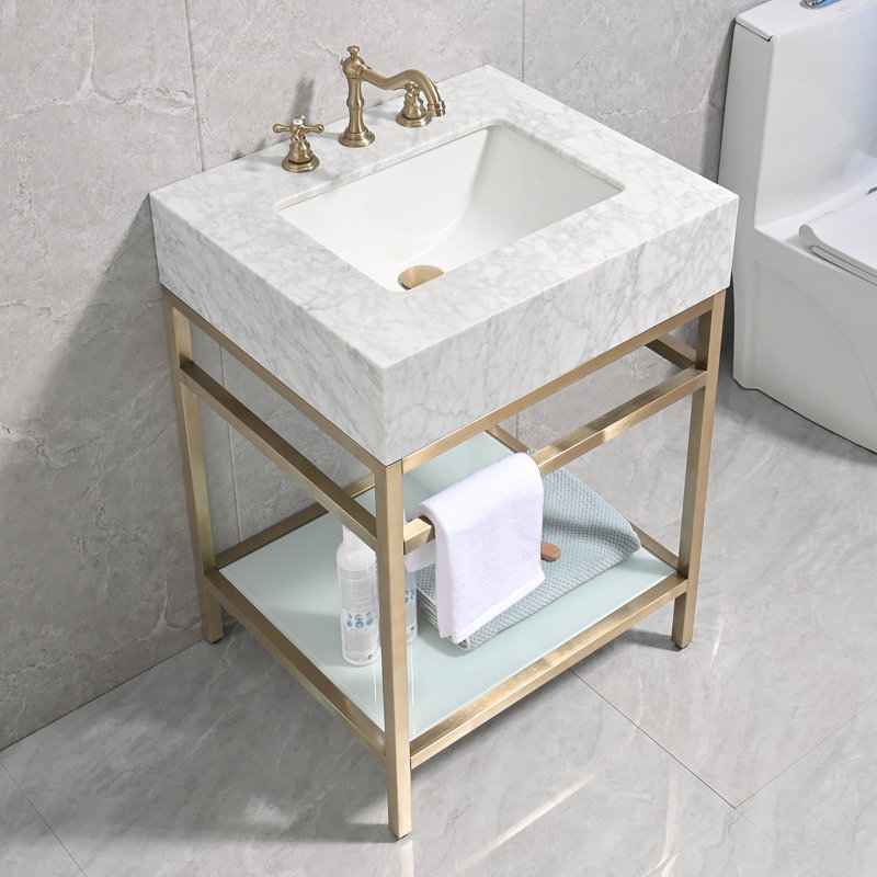 24" Natural Carrara Marble Console Bathroom Vanity with Sink, Gold Stainless Steel Frame and Glass Shelf, Gold, 24"