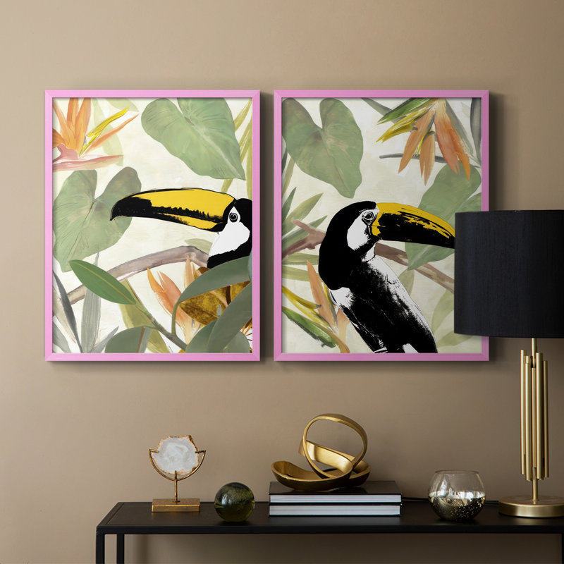 «Parrot in the Leaves I», reproduction encadrée de qualité supérieure - prête à être accrochée - aucun clou requis - aucun clou requis