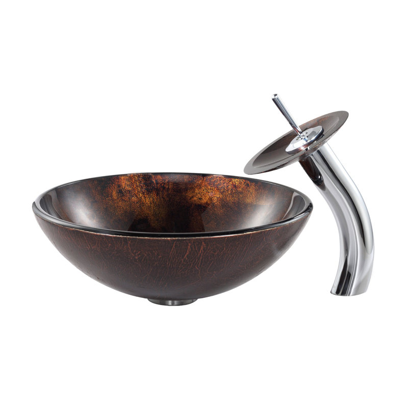 Glass Circular Vessel Bathroom Sink with Faucet, Chrome