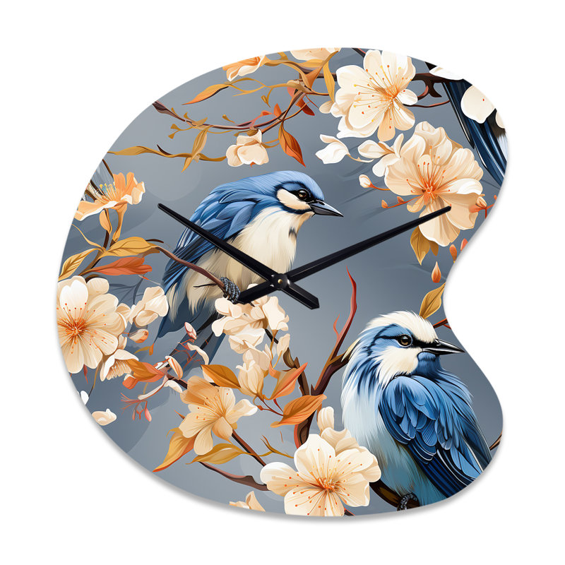 Oiseau blanc et bleu floral Serenade I - horloge murale asymétrique florale en métal, Petit