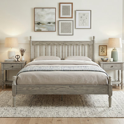 Wichita King Size Bed Frame with Headboard & Footboard, Solid Wood Platform Bed, 12 Slatted Support with Metal Legs, Non-Slip & Anti-Noise, Weathered Gray Oak Finish