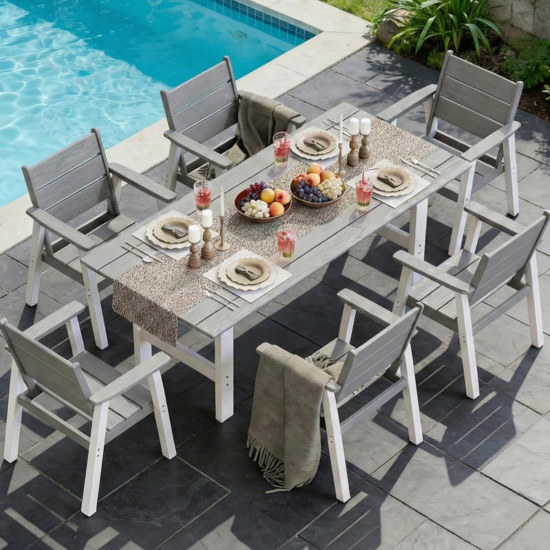  Ensemble repas 7 pièces rectangulaire avec fauteuils, trou de parasol, blanc et gris 7 pièces, Gris