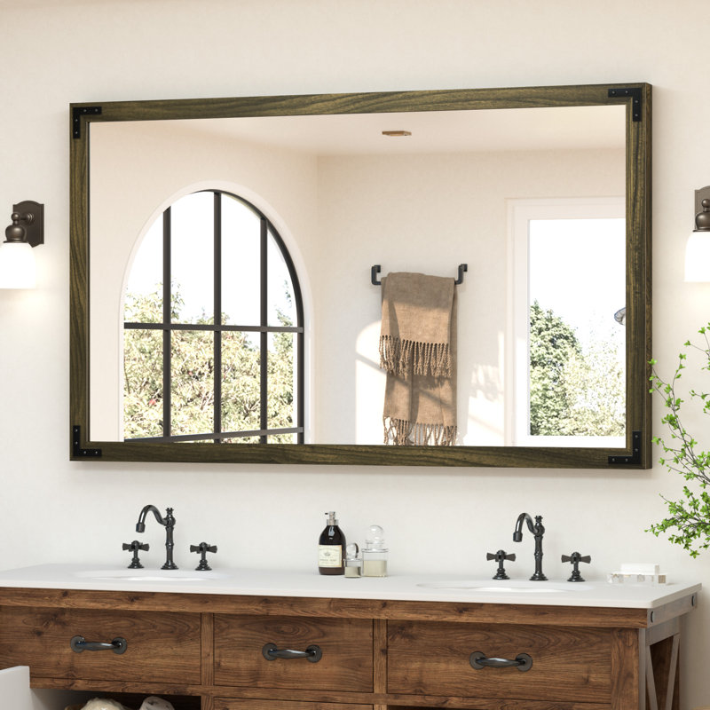 Gwenneth Rectangle Wood Mirror for Bathroom, Solid Pine Wood, 60" x 36", Black