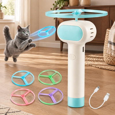 Lanceur de gâteries rechargeable grande capacité pour chats, avec 5 disques volants souples et flexibles pour chatons et chats adultes d'intérieur, pour jouer à la poursuite et au pistage.