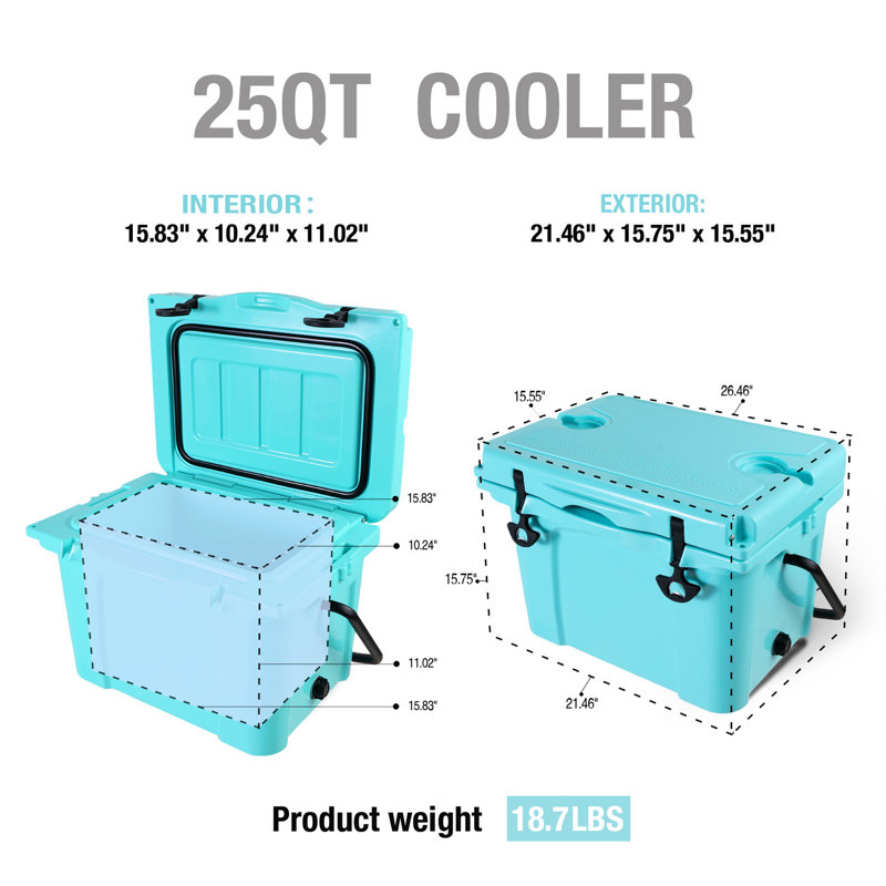Glacière rigide portative de 25 pintes avec conservation du froid pendant 5 jours, prise en main confortable, moulage rotationnel et fonctionnalités multifonctions incluant un ouvre-bouteille, un porte-gobelet et une règle de formage pour les voyages et la plage.