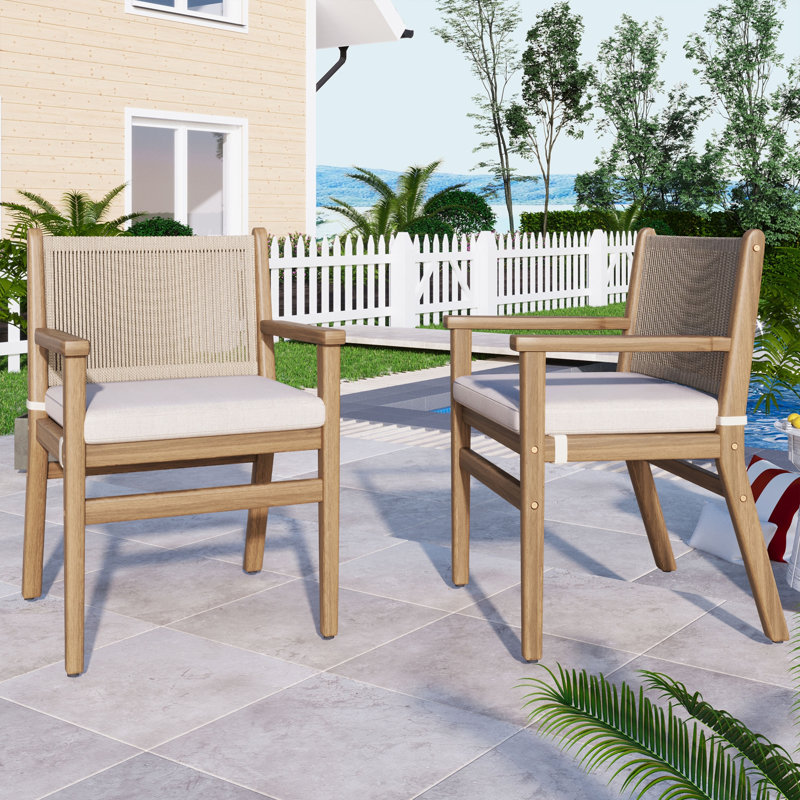 Outdoor Dining Chairs Set Of 2, Acacia Wood Patio Armchair With Rope Design Back And Water Repellent Cushion