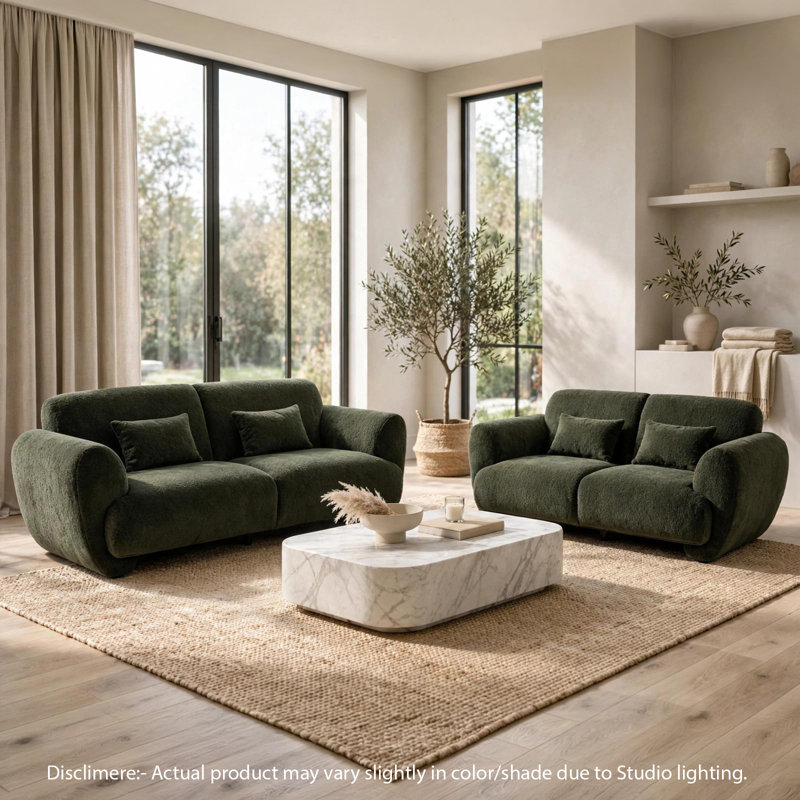 Ensemble de canapé et causeuse 2 pièces avec 4 coussins, accoudoirs évasés, chenille vert olive