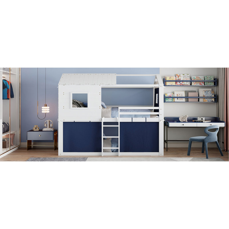 Lit superposé simple avec tente bleue et blanche, inspiré d'une maison dans les arbres pour une chambre à coucher amusante, bois de pin massif et fabrication, support de matelas à lattes, élément additionnel