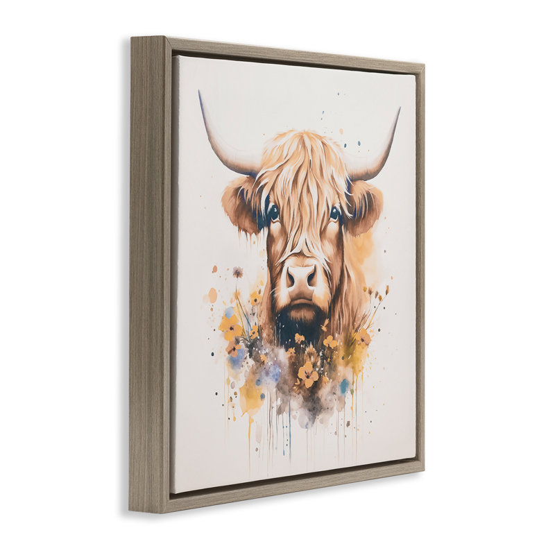 "Fancy Florals Highland Cow", art mural sur toile flottante par Andrea Haase, Cadre flottant orme Montalcino