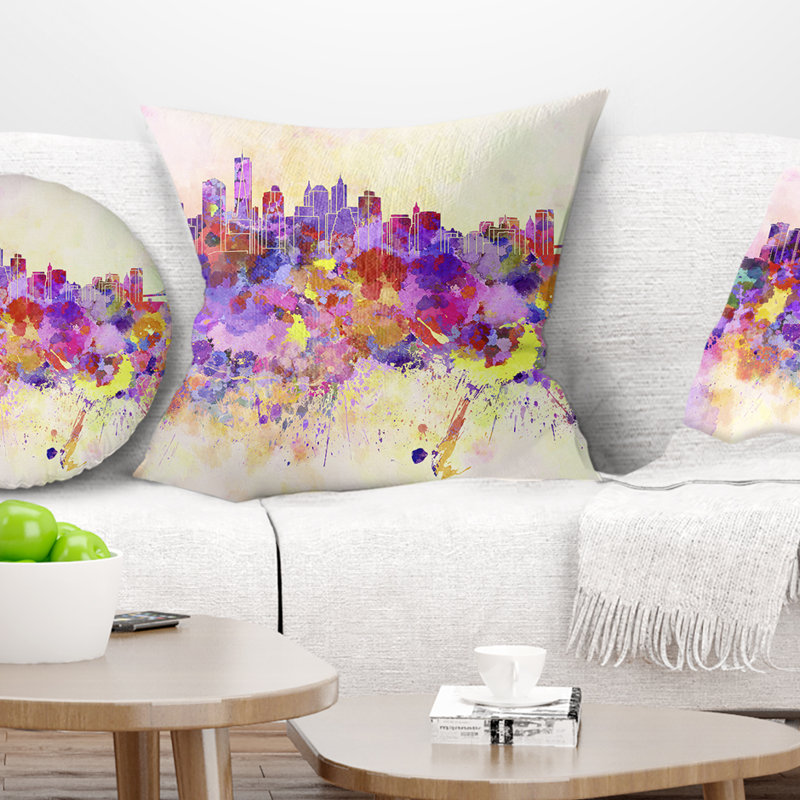 Coussin imprimé mauve New York Skyline, 16 po x 1 po, Coussin décoratif