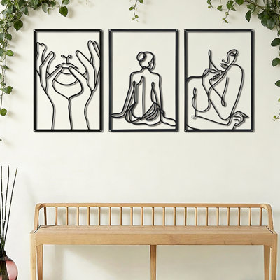 Ensemble de 3 décorations murales en métal, ligne de femme minimaliste en fer, signes abstraits de silhouette féminine noire en métal pour le salon, la chambre à coucher et la décoration intérieure