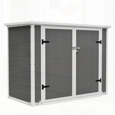 Horizontal Outdoor Storage Shed with Ramp, Hydraulic Lid, and Lockable Waterproof Cabinet for Trash Cans, Tools, and Firewood