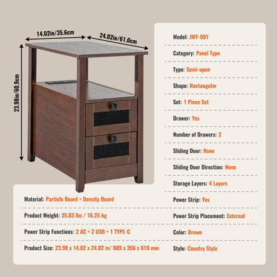 Table d'appoint de style ferme, table d'appoint à 4 niveaux avec armoire de rangement et 2 tiroirs, table de chevet avec station de recharge, table d'appoint avec ports USB et prises électriques, chambre, brun, idéale pour le salon