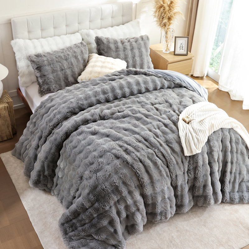 Fluffy Comforter Set 3 Pieces- Ultra Soft & Warm Faux Fur Comforter With Two Pillowcases For Winter, Light Gray