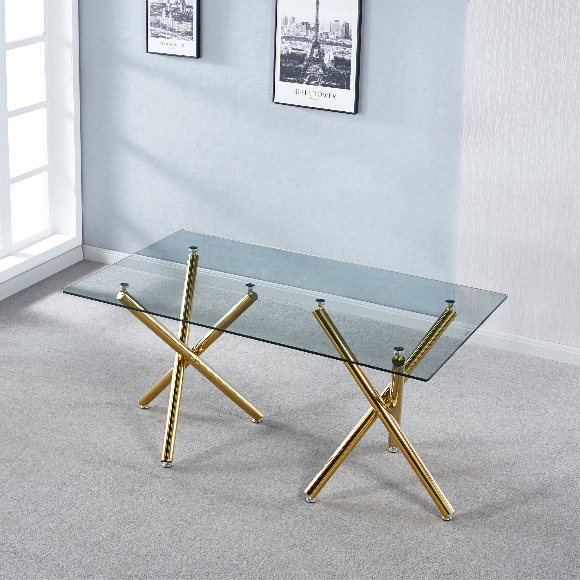Orren Ellis Rectangular Tempered Glass Dining Table With Double ...