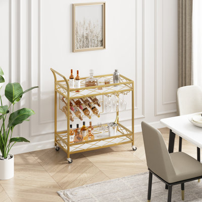 Gold Bar Cart with Wine Rack, Mobile Serving Bar Cart with Faux Marble Shelves, Glass Holder & Lockable Wheels, Rolling Home Bar Serving Cart for Living Room