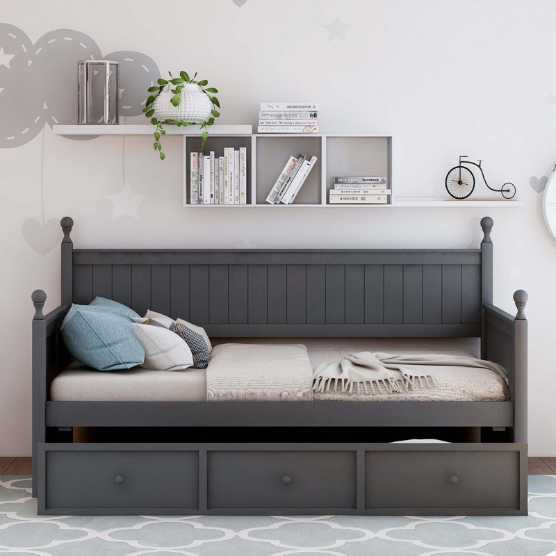 Lit de jour en bois avec trois tiroirs, lit de jour simple, aucun sommier nécessaire, Gris