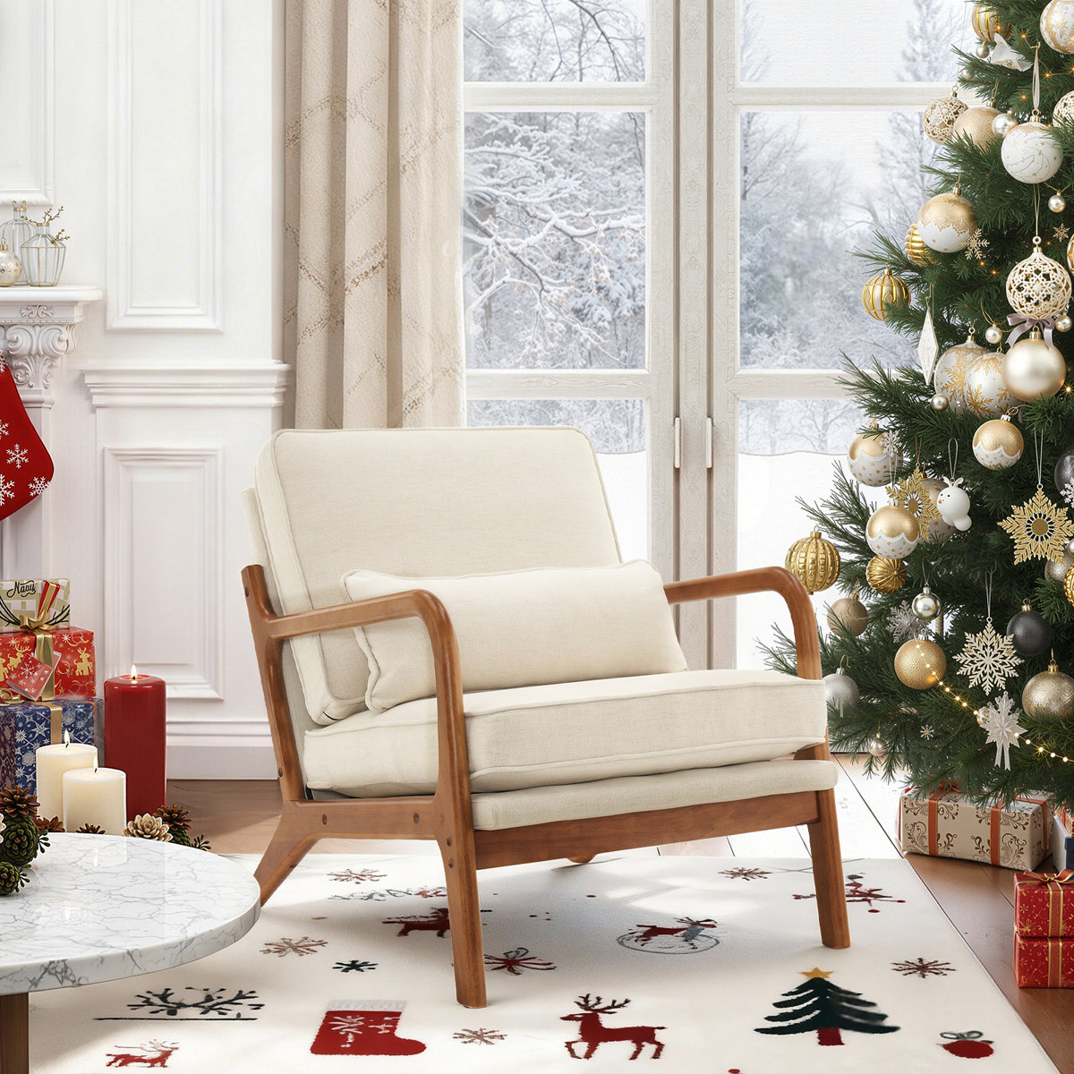 Lemley Mid Century Solid Wood Accent Chair Upholstered Armchair with an Extra Pillow