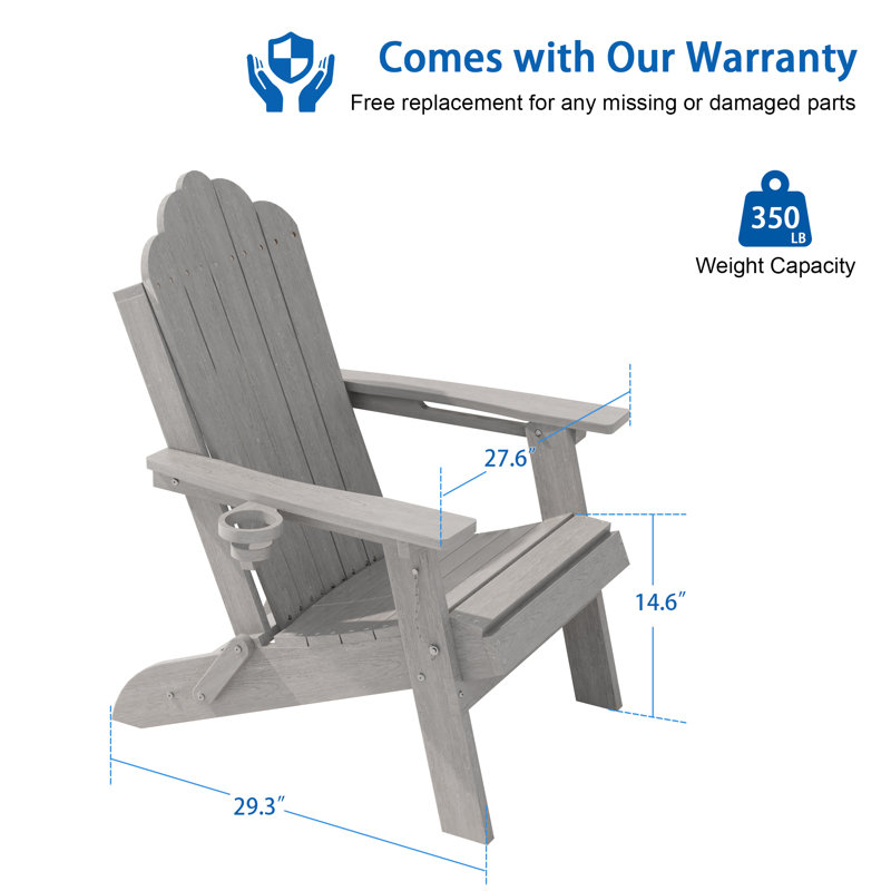 Heavy Duty HDPE Folding Adirondack Chair 350 lbs Capacity, Outdoor Adirondack Chair With Cup Holder for Patio, Lawn and Balcony
