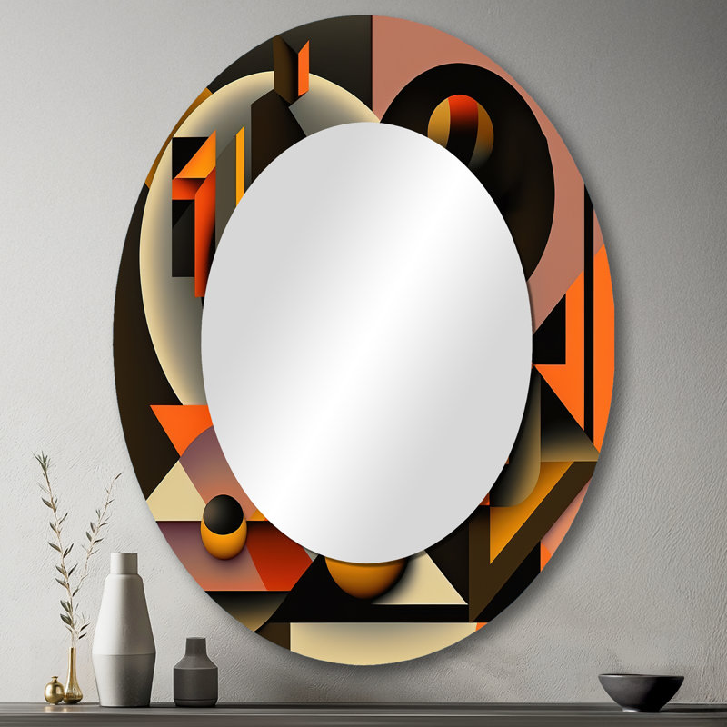 Porshae Multicolor Geometric Orange Shapes I - Geometric Large Mirror, Modern Decorative Wall Mirror, Printed Metal Art, Oval