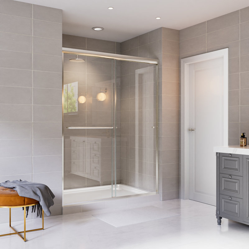 Porte de douche coulissante double avec cadre en verre trempé transparent l 50 "- 54" x H 70 ", Nickel brossé