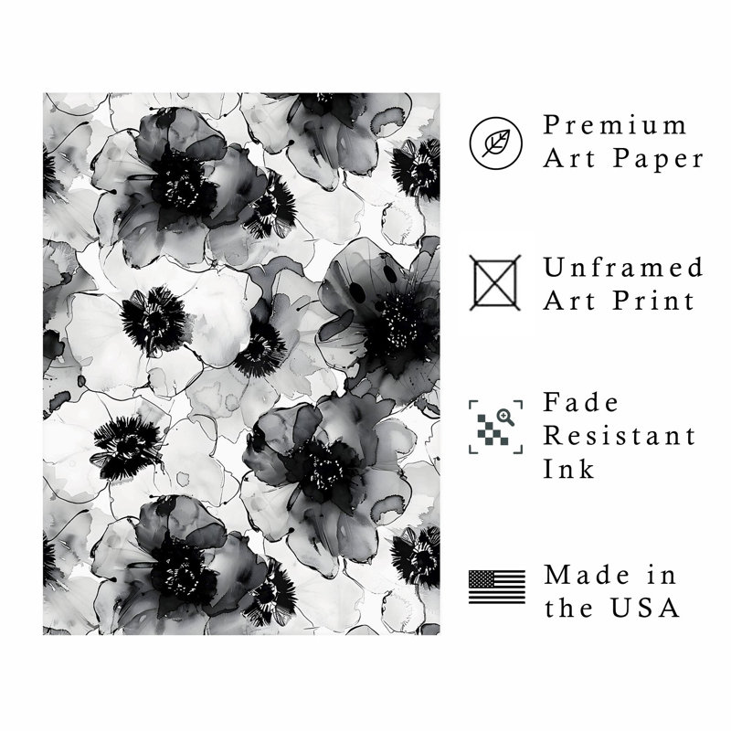 Impression florale moderne en noir et blanc, H 30 po x l 20 po