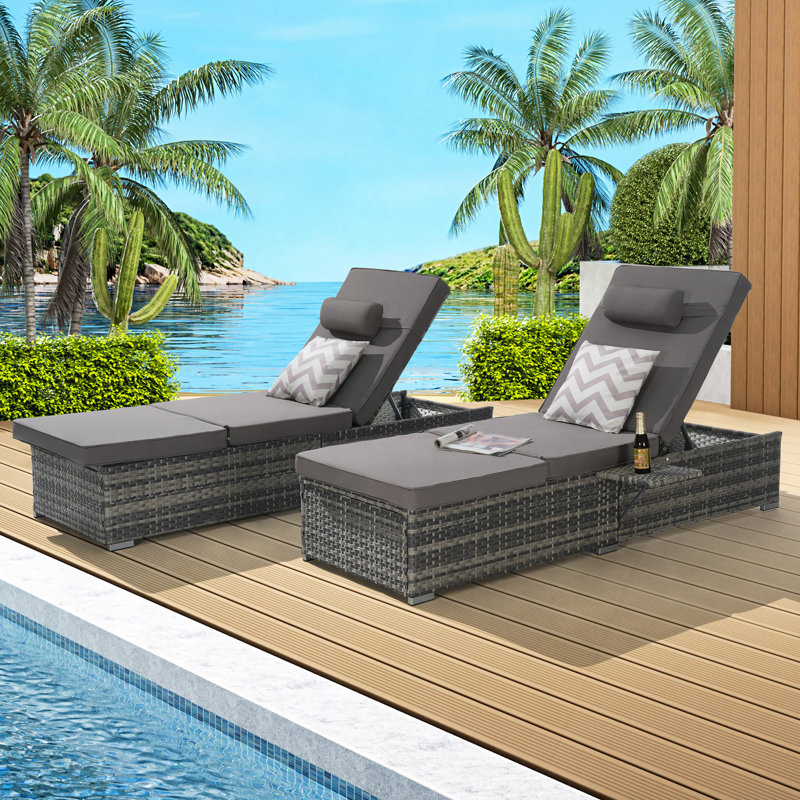 Outdoor Chaise Lounge Chair Set Of 2 With Storage Patio Pool Chairs Tanning Lounges For Outside,Beach Rattan Recliners With Adjustable Backrest, Table, Cushion For Poolside Backyard Garden